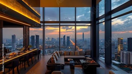 Luxurious penthouse apartment living room and kitchen, city skyline sunset background, floor-to-ceiling windows, panoramic views, lavish modern art decor interior, millionaire dream lifestyle artwork.