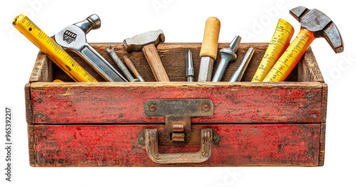 Vintage Red Toolbox with Various Hand Tools Isolated on Transparent Background photo