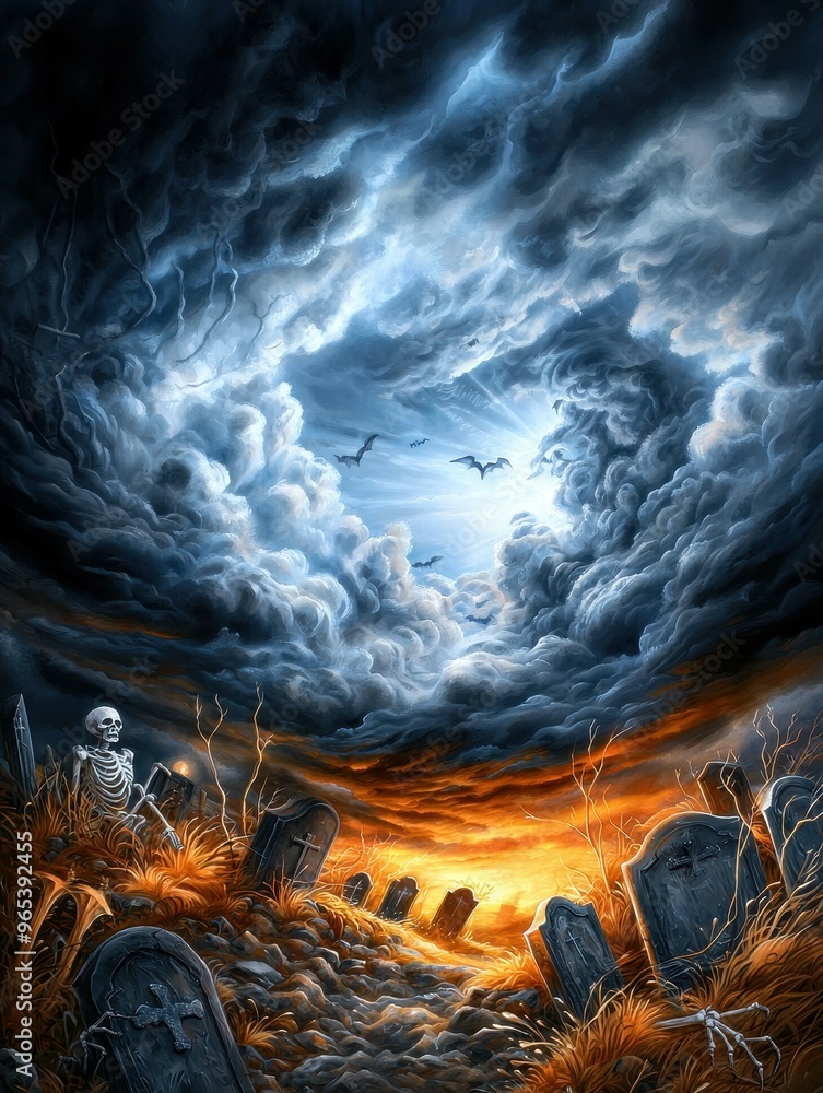 Fototapeta premium Skeleton in Graveyard with Dramatic Sky and Bats