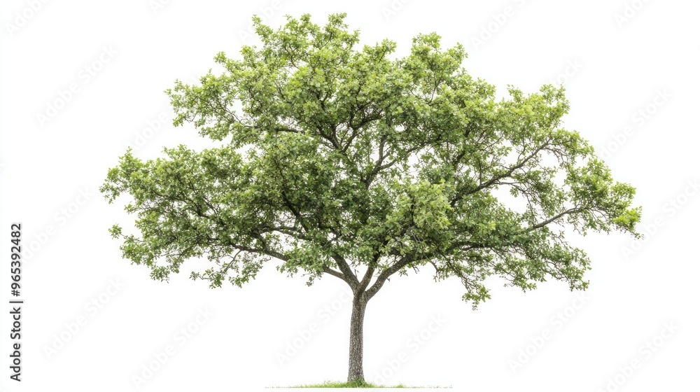 Obraz premium A young oak tree with new growth leaves and a slender trunk, isolated on a white background.