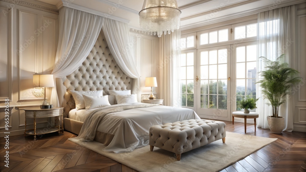 Elegant sheer white curtains flow gently beside a tall window in a serene bedroom, complementing neutral bedding and a tufted headboard. Elegant sheer white curtains flow gently beside a tall window in a serene bedroom, complementing neutral bedding and a tufted headboard.
