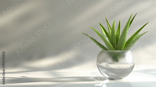 Isolated green aloe vera plant in a glass of water, fresh leaves against white background