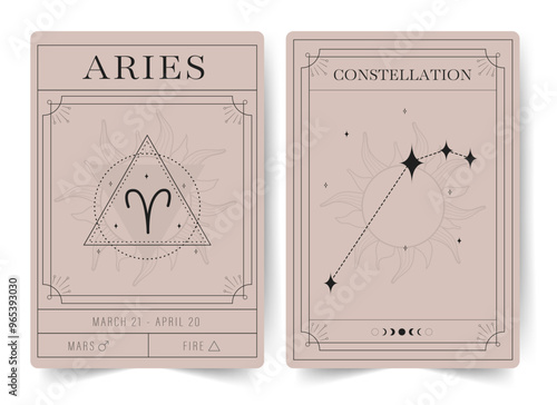 Aries. Witchcraft cards with astrology zodiac sign and constellation. Modern boho astrology posters. Perfect for tarot readers and astrologers. Vector illustration.