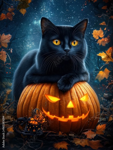 Black Cat Sitting On Carved Pumpkin In Autumn Forest