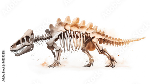 Illustration of a Tyrannosaurus Rex (T-Rex) skeleton in a side view, showcasing detailed bones including the skull, vertebrae, ribs, limbs, and tail on a white background.