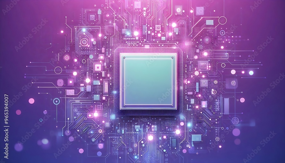 A computer chip with a purple background. The chip is surrounded by a lot of lights and is the center of attention A computer chip with a purple background. The chip is surrounded by a lot of lights and is the center of attention