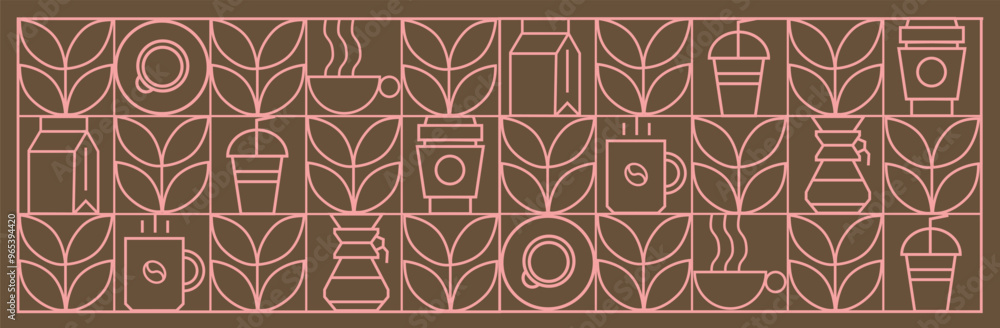 Coffee modern geometric pattern in mosaic line tiles, vector background. Coffee cup and moka pot with cappuccino and espresso, coffee beans and hot chocolate in geometric pattern Coffee modern geometric pattern in mosaic line tiles, vector background. Coffee cup and moka pot with cappuccino and espresso, coffee beans and hot chocolate in geometric pattern