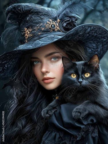 Beautiful Woman in Witch Hat with Black Cat