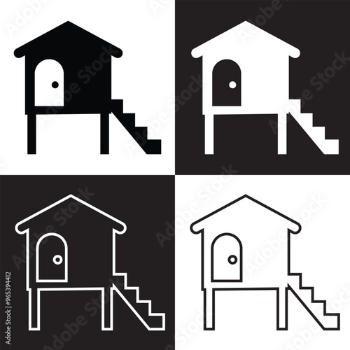 Chicken coop icon in black and white colors. Isolated on black and white background. Vector Illustration. EPS 10