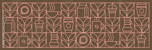 Coffee modern geometric pattern in mosaic line tiles, vector background. Coffee cup and moka pot with cappuccino and espresso, coffee beans and hot chocolate in geometric pattern 