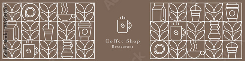 Coffee modern geometric pattern in mosaic line tiles, vector background. Coffee cup and moka pot with cappuccino and espresso, coffee beans and hot chocolate in geometric pattern 