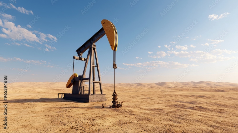 Oil Pumpjack in Arid Desert Landscape Representing Declining Oil Resources - with Copy Space, Selective Focus, and Quality. Oil Pumpjack in Arid Desert Landscape Representing Declining Oil Resources - with Copy Space, Selective Focus, and Quality.