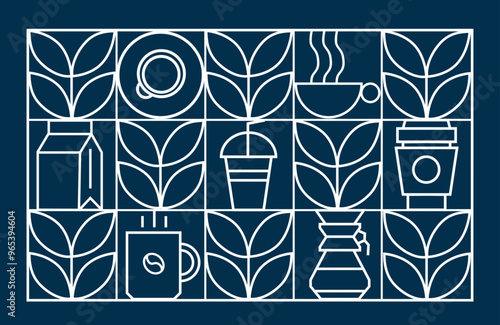 Coffee modern geometric pattern in mosaic line tiles, vector background. Coffee cup and moka pot with cappuccino and espresso, coffee beans and hot chocolate in geometric pattern 