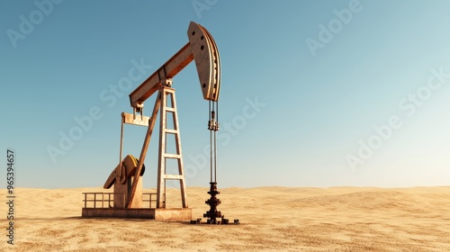 Pumpjack in Desert - Declining Oil Resources 3D Illustration with Copy Space and Selective Focus on Foreground