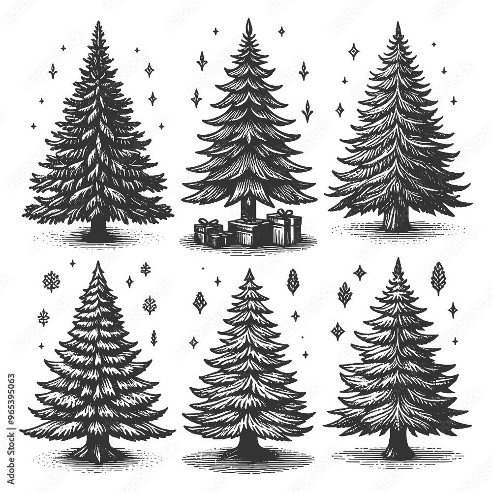 Obraz premium Set collection of Christmas trees, unique designs and festive decorations, vintage holiday sketch engraving generative ai raster illustration. Scratch board imitation. Black and white image.