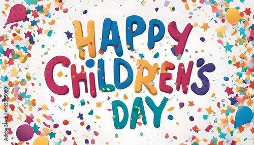 Curved, playful 'Happy Children's Day' text with colorful confetti, stars, and bursts of color on a light background.