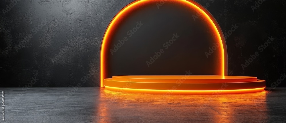 Obraz premium An empty orange circular podium platform is illuminated against a black background, creating a striking display area with a circular arch above, ideal for showcasing products