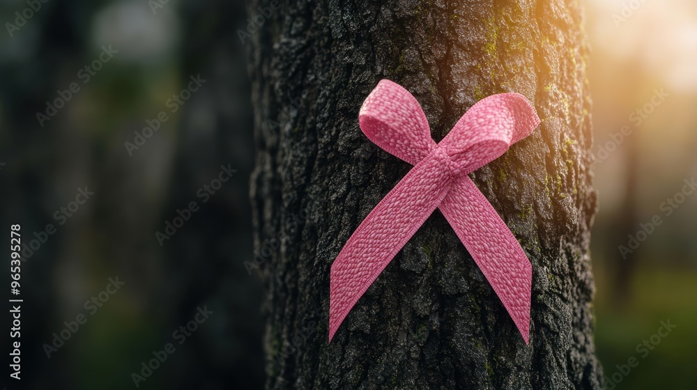 A pink breast cancer awareness ribbon tied to a tree trunk in a forest, symbolizing hope, resilience, and nature connection to healing. A pink breast cancer awareness ribbon tied to a tree trunk in a forest, symbolizing hope, resilience, and nature connection to healing.