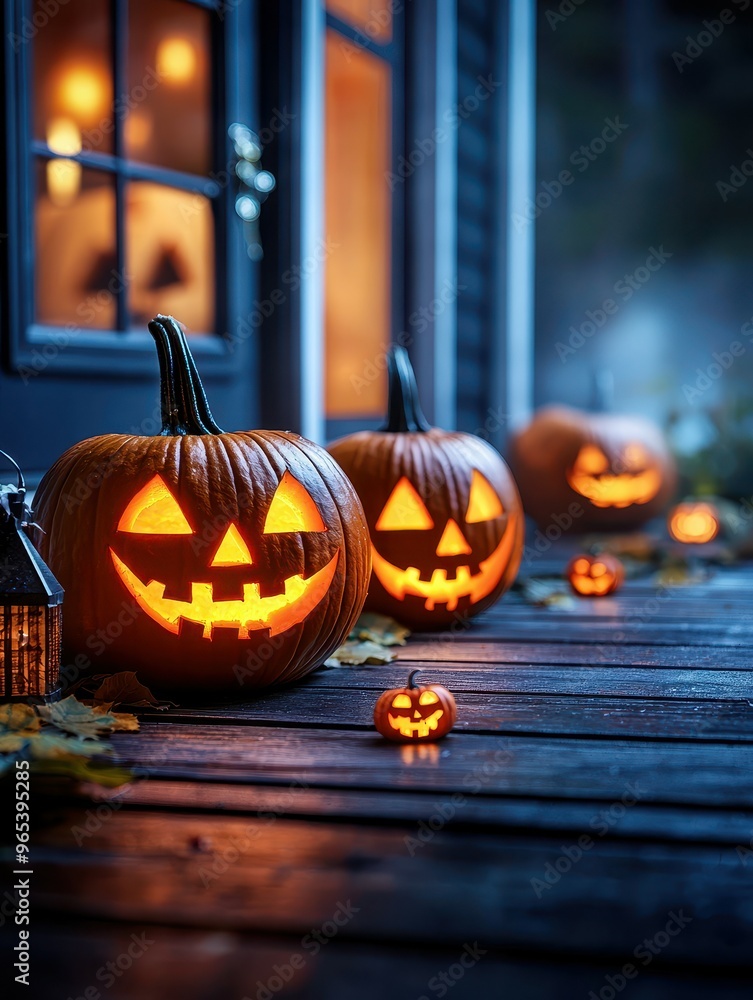 Glowing Jack O Lantern Pumpkins On Porch Steps For Halloween Decor Glowing Jack O Lantern Pumpkins On Porch Steps For Halloween Decor