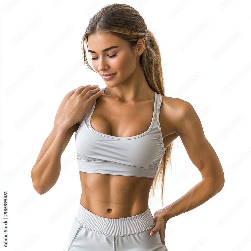 Fitness Woman with Hand on Stomach on White Background, Health and Wellness Concept Generative AI Fitness Woman with Hand on Stomach on White Background, Health and Wellness Concept Generative AI