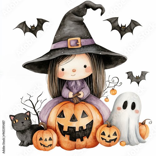 Halloween watercolor illustration of little witch with pumpkins, bats, a black cat, and ghost isolated on a white background. Halloween party.