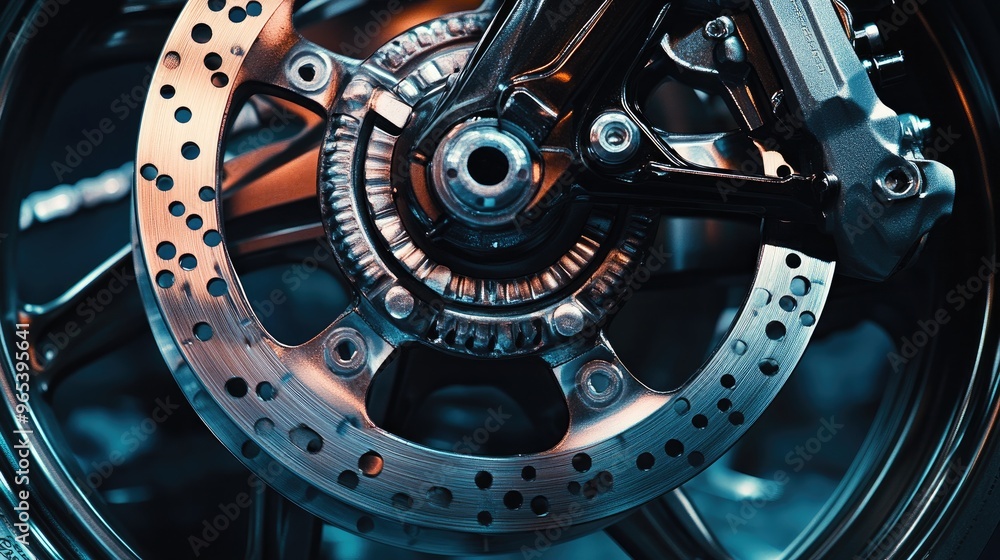 A close-up of a motorcycle wheel and brake disc, focusing on the intricate details of the components. A close-up of a motorcycle wheel and brake disc, focusing on the intricate details of the components.
