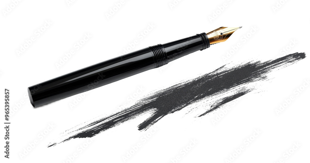 Elegant Black Fountain Pen with Gold Nib and Ink Stroke on Transparent Background Elegant Black Fountain Pen with Gold Nib and Ink Stroke on Transparent Background