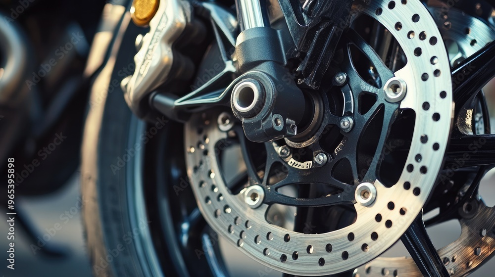 A close-up of a motorcycle wheel and brake disc, focusing on the intricate details of the components. A close-up of a motorcycle wheel and brake disc, focusing on the intricate details of the components.