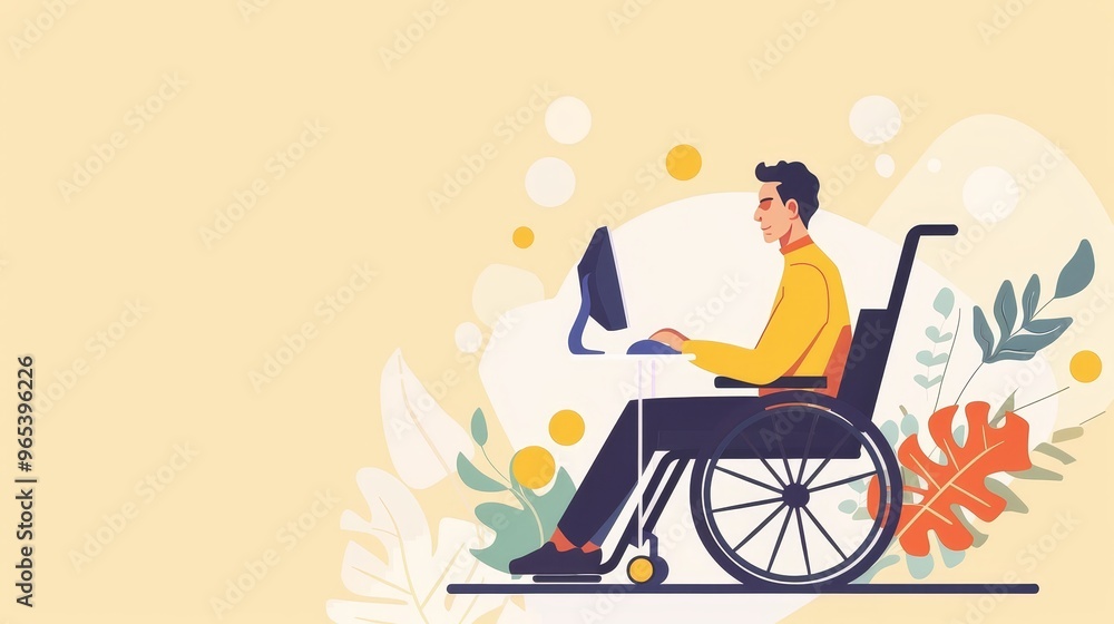 Fototapeta premium Man in wheelchair working at computer, colorful office environment, accessibility, freelance concept