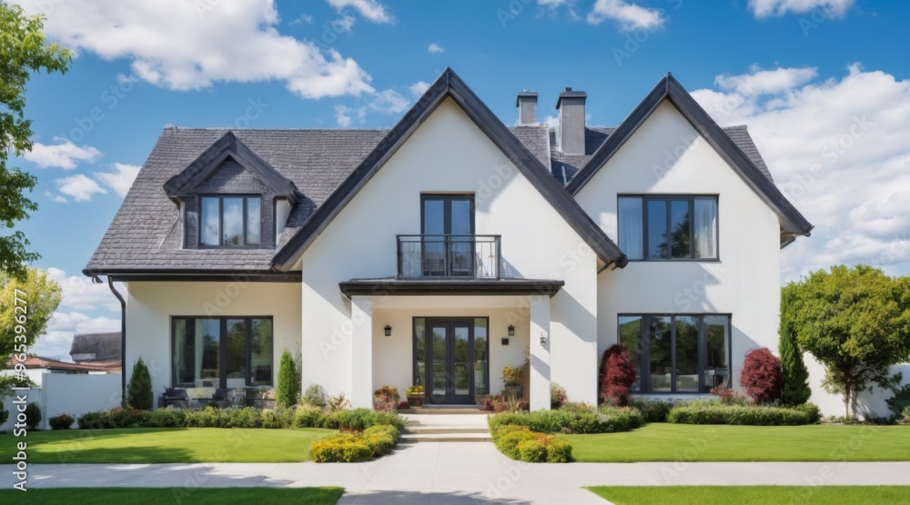 Spacious Two-Story House with White Exterior and Black Roof Surr Spacious Two-Story House with White Exterior and Black Roof Surr