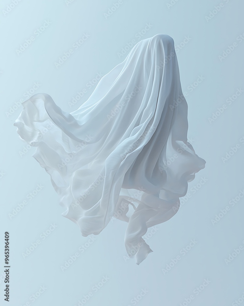 Ghost figure made of white fabric, floating in the air, ultra-sharp focus, solid light blue background Ghost figure made of white fabric, floating in the air, ultra-sharp focus, solid light blue background