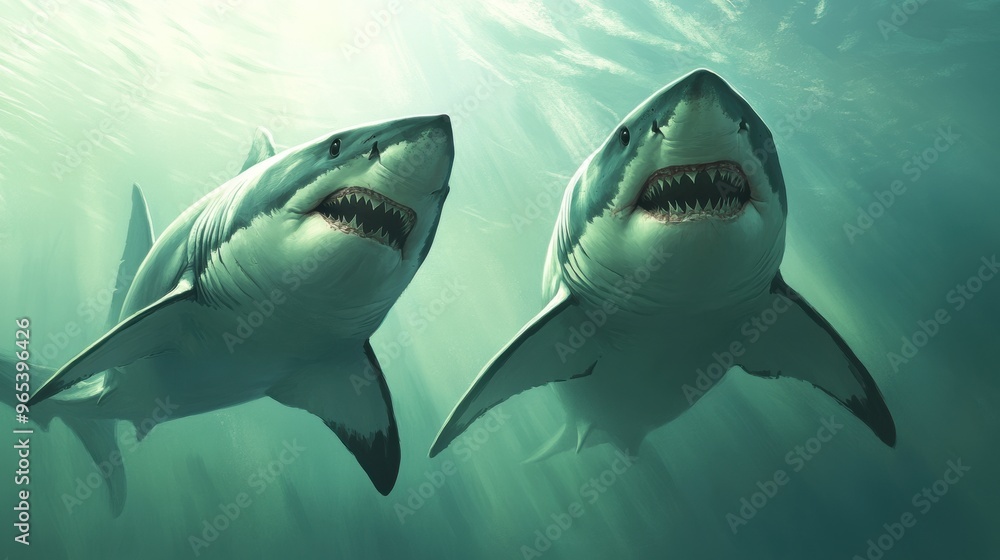 Naklejka premium Two great white sharks swimming in the ocean with their mouths open, AI