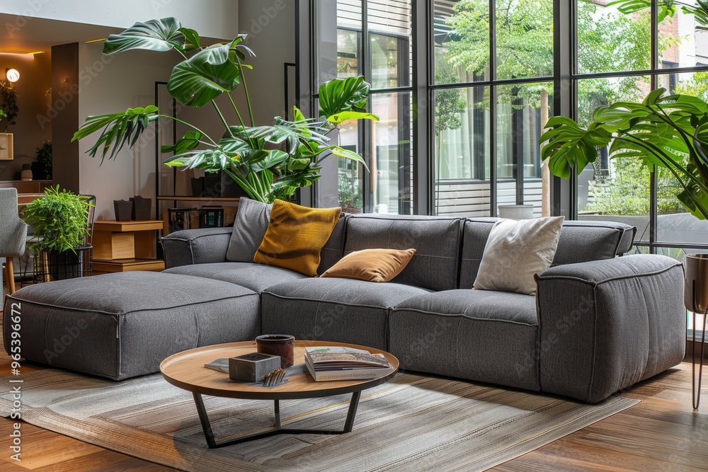 A comfortable modular corner sofa in a modern apartment, with a coffee table and plants, Scandinavian loft minimalist furniture, modular tufted sofa A comfortable modular corner sofa in a modern apartment, with a coffee table and plants, Scandinavian loft minimalist furniture, modular tufted sofa