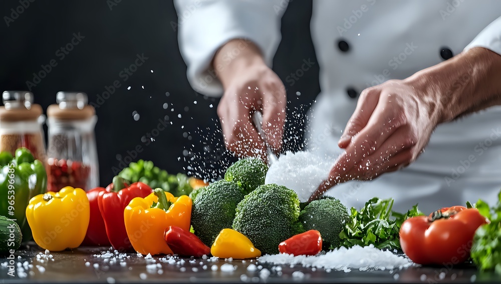 Chef's hands sprinkling salt over fresh vegetables. Chef's hands sprinkling salt over fresh vegetables.