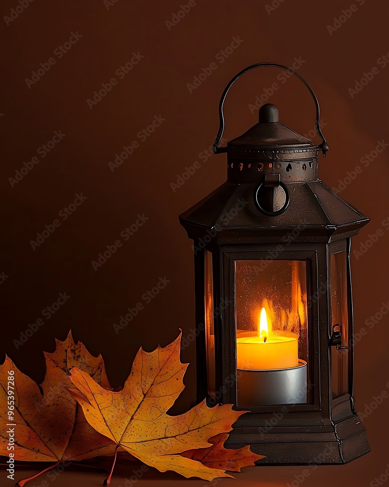 Old-fashioned lantern with a glowing candle, sitting next to fall leaves, ultra-sharp focus, solid brown background Old-fashioned lantern with a glowing candle, sitting next to fall leaves, ultra-sharp focus, solid brown background