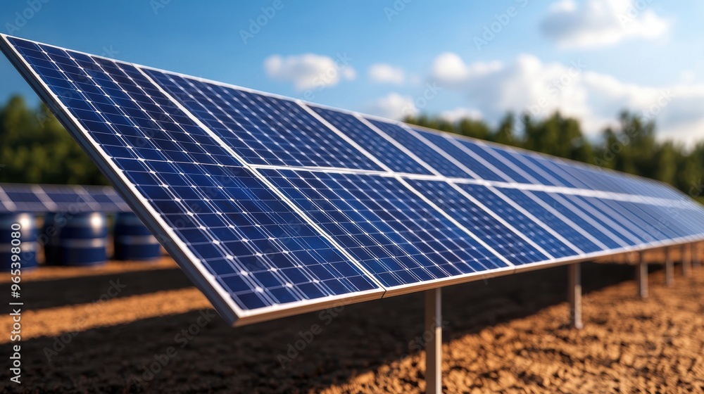 Sustainable Energy Concept with Solar Energy Farm, Oil Barrels in Background - with Copy Space, Sustainable Energy Concept with Solar Energy Farm, Oil Barrels in Background - with Copy Space,