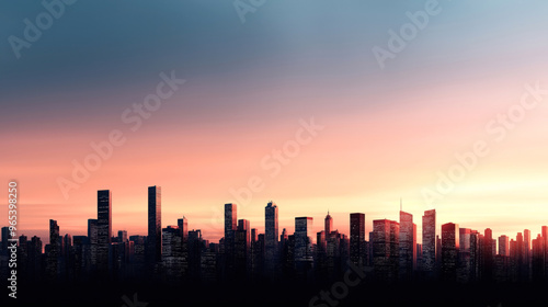 A city skyline at sunset with a gradient of warm colors in the sky. The skyscrapers are silhouetted against the vivid backdrop, creating a dramatic urban scene.