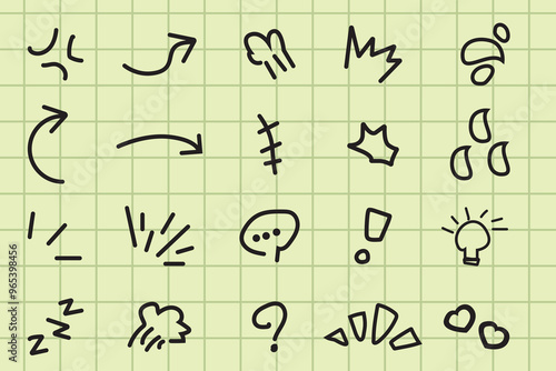 Hand drawn symbols collection cartoon style doodle sign expressions, with colorful curve direction arrows, emoticon effects. anger, and bubble chat