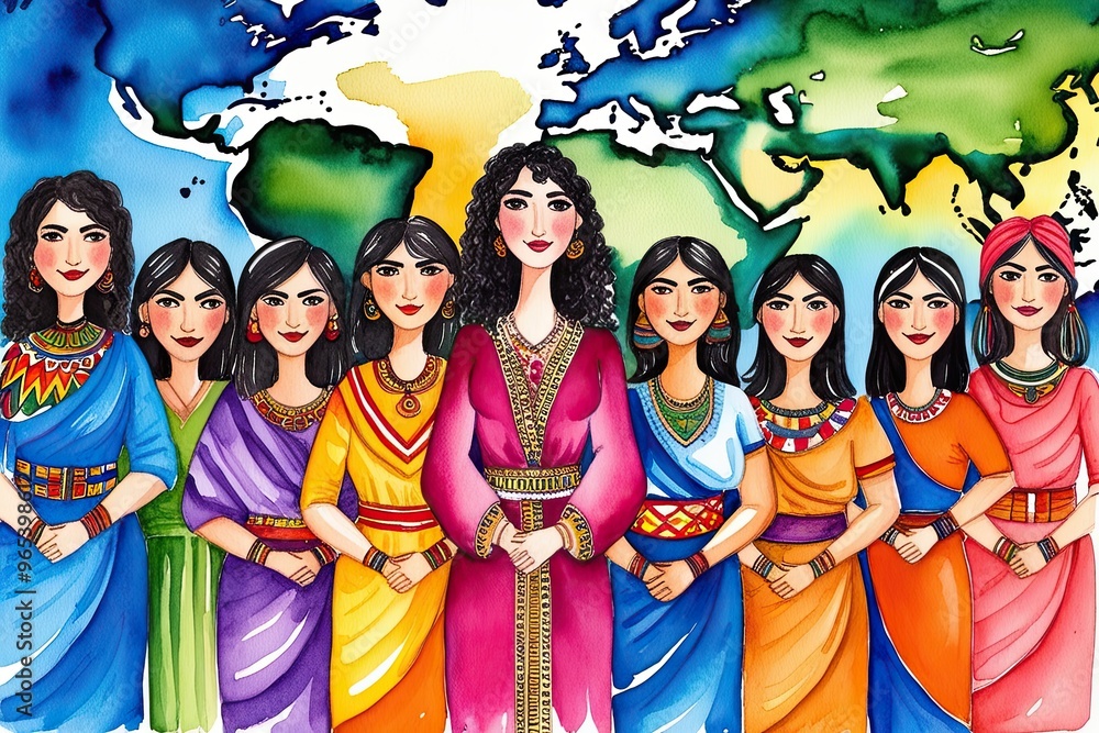 Fototapeta premium Empowering Women Across Cultures Illustrated Through Captivating Watercolor Art