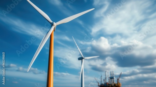 Energy Evolution: Wind Turbines vs. Oil Rigs - Depicting Contrast in Energy Sources with Copy Space, Selective Focus, and Quality