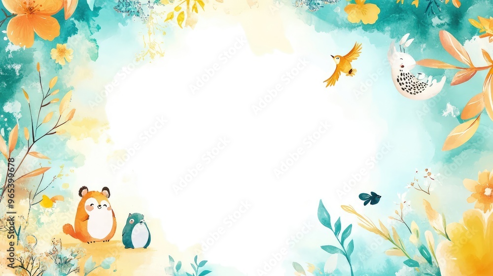 Golden blush frame with adorable animal doodles, bright teal and sunny yellow palette, soft watercolor accents, blank central area, playful and vibrant Golden blush frame with adorable animal doodles, bright teal and sunny yellow palette, soft watercolor accents, blank central area, playful and vibrant