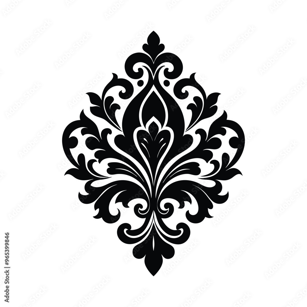 Timeless elegance. Silhouette of damask ornamental design on a pristine white background. Timeless elegance. Silhouette of damask ornamental design on a pristine white background.