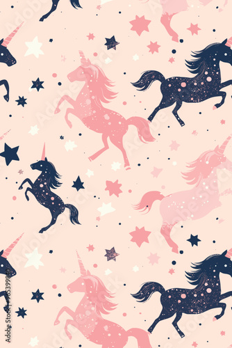 Magical Unicorn Silhouette Seamless Pattern, Monochromatic Doodle for Wallpapers and Banners