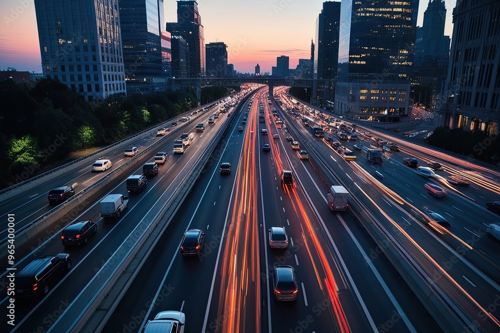 Obraz premium High-Flying View of Cramped Vehicle Traffic on Divided Highway with Evening Glow and Mythical Light Streaks in a Vibrant City Center at Dusk