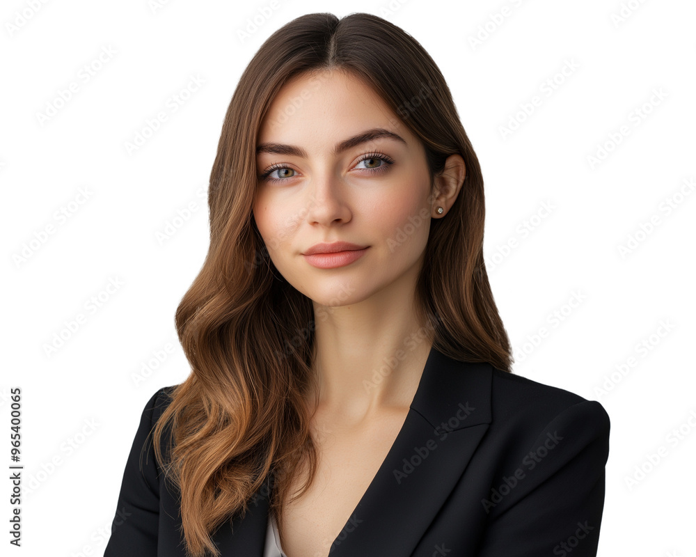 isolated portrait of a confident young businesswoman in formal black suit, smiling isolated portrait of a confident young businesswoman in formal black suit, smiling
