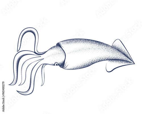 Hand-drawn Octopus on Vintage Engraving. Vignetting Ocean animal isolated on transparent background. Seafood menu of fish restaurants, markets and shops. Squid Vector illustration in retro engravie.