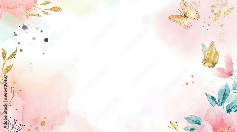 Golden blush frame with adorable animal elements, minimalist layout, watercolor splashes in vibrant pastels, blank central area for text, soft white background Golden blush frame with adorable animal elements, minimalist layout, watercolor splashes in vibrant pastels, blank central area for text, soft white background