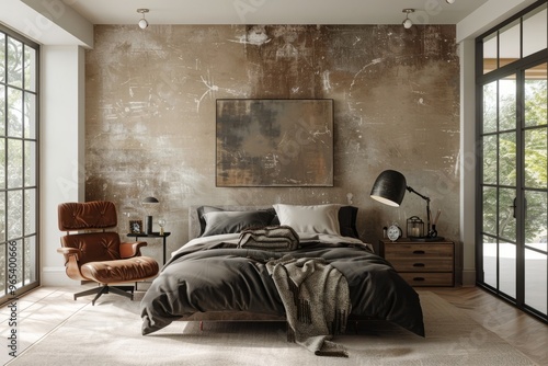 A contemporary Modern bedroom with stucco wall. Scandinavian loft minimalist furniture, featuring a bed with dark gray bedding, a leather armchair, and an industrial lamp!!