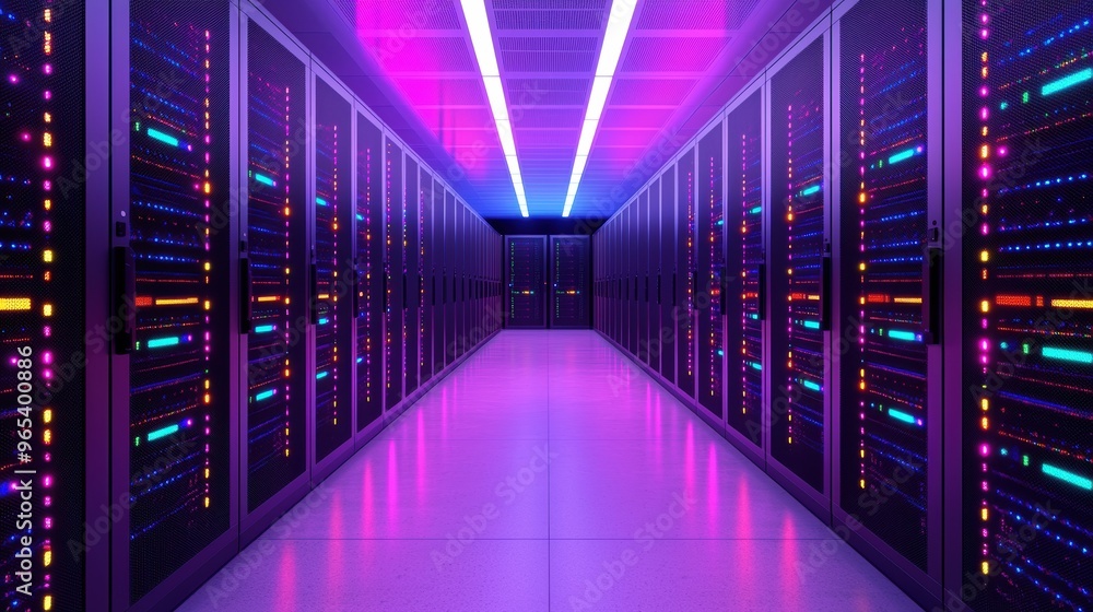 Futuristic Computer Server Room with Glowing LEDs and Ray Tracing Reflections in Model Futuristic Computer Server Room with Glowing LEDs and Ray Tracing Reflections in Model