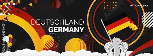 Happy Germany Unity Day or Deutschland. Modern abstract shape with raised hand and typography to celebrate national holidays in Germany flag colors. Suitable for poster, banners and greeting cards.